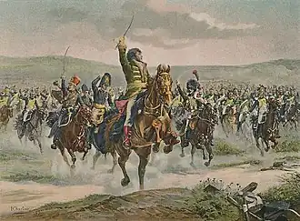 Drawing showing Marshal Murat leading dragoons at Jena.