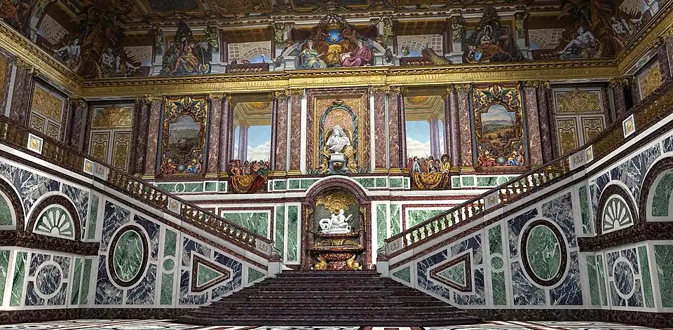 Baroque&nbsp;– Escalier des Ambassadeurs of the Palace of Versailles, Versailles, France, by François d'Orbay and Charles Le Brun, 1674–1679, demolished in 1752 under Louis XV[33]