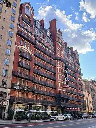 The facade of the Hotel Chelsea seen from across 23rd Street