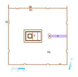 Colored drawing depicting the general plan of an ancient temple.