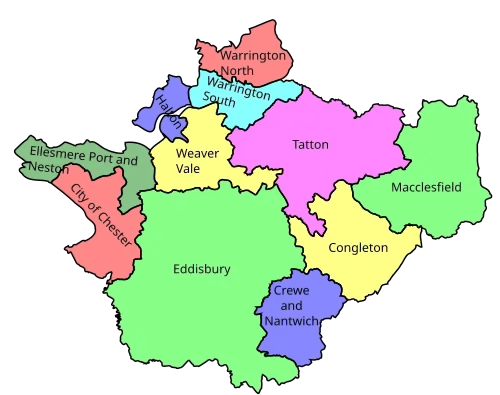 Map of parliamentary constituencies in Cheshire 1997–2010