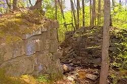 The now damaged granite block eastern and western abutments that were part of the Falling Creek Railroad Bridge of the Chesterfield Railroad.