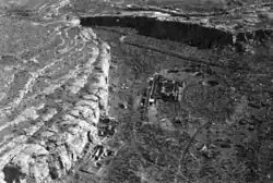 A black-and-white picture of a large ruin