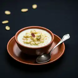 An image of Chhena kheeri in a rich white color with yellow hints and some nuts on top of it. The background is in a distinct black color with many nuts in the background, and the bowl holding it is in a brown color. There is a spoon on the side of the bowl, which is made with steel, has engraved designs on the end tip of it.