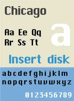 A display of the Chicago typeface showing various letters and numbers in a pixelated, bold font style