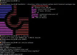 Screenshot of Chimera Linux with FreeBSD ash, showing the system information and some Unix commands