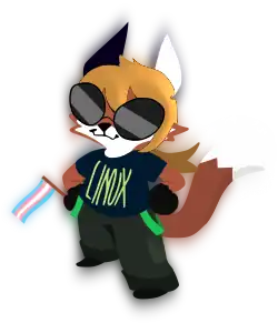 An anthropomorphic fox standing akimbo, looking at the viewer. She is wearing baggy "Tripp" pants, has large, reflective glasses, and is holding a trans flag. Her shirt reads "LINUX" in green on a black field.
