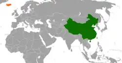 Map indicating locations of China and Iceland