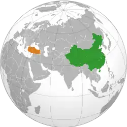Map indicating locations of People's Republic of China and Turkey