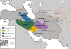 Territory of the Chobadnids ■ and division of Ilkhanate territory, circa 1350, including the Jalayirids ■, the Injuids ■ and the Muzaffarids ■