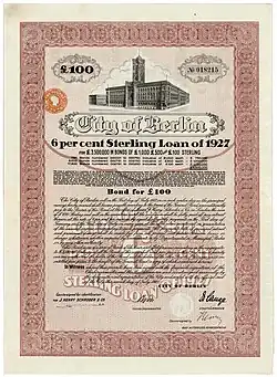 The Red Town Hall on a Sterling loan of the City Berlin, issued 2. July 1927