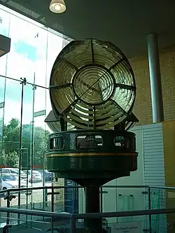 The optic from the Clare Island lighthouse, now on permanent rotating display at the World of Glass museum in St Helens, England