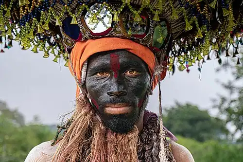 A member of the Gond tribe during the Dandari festival in Jainoor, Telangana. Some 8.6% of India's population belong to tribal groups. The supercontinent Gondwana is named after the Gond region of India. Their religion predates the Hindu synthesis of the mid-first-millennium BCE.