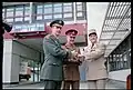 Withdrawal of Allied forces from Berlin, official act to close Allied Checkpoint Bravo in Berlin-Zehlendorf, Allied checkpoint on the transit route between West Berlin and the Federal Republic of Germany: US City Commandant Major General Raymond E. Haddock, Major General Robert Corbett, British City Commandant, and Général de Division François Cann, French City Commandant (from left)