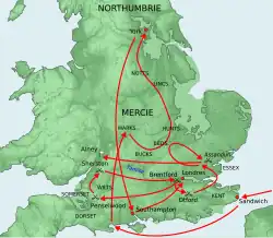Arrows of Cnut's movements in England 1015 to 1016