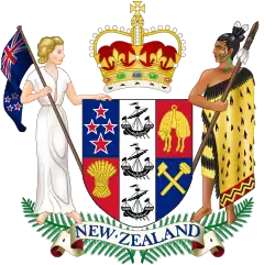 A quartered shield, flanked by two figures, topped with a crown