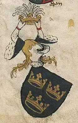 Three crowns coat of arms in Codex Bergshammar&nbsp;[sv] (c. 1435)