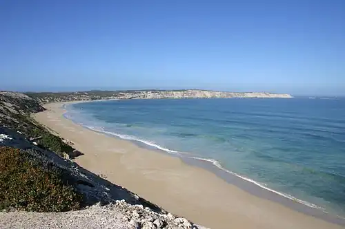 View of Limestone cliffs and beach that finish at Point Avoid