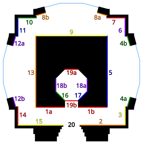 Coit Tower rotunda floor plan and murals, numbered 1 through 20