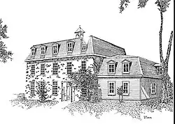Black and white ink drawing of the two story stone house built in 1859 with a small wood addition to the right side from 1882