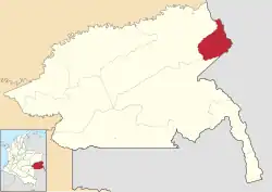 Location of the municipality and town of Cacahual in the Guainía Department of Colombia.