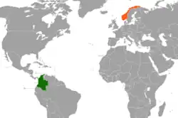 Map indicating locations of Colombia and Norway
