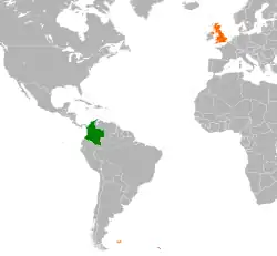 Map indicating locations of Colombia and United Kingdom