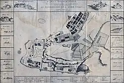 Photograph of a map with a border showing depictions of individual buildings and features and with the center occupied by the plan of a town on a peninsula and defended by a star fort at its western tip