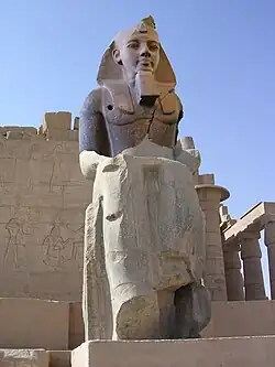 The Younger Memnon digitally restored to the lower half of the statue still in the Ramesseum