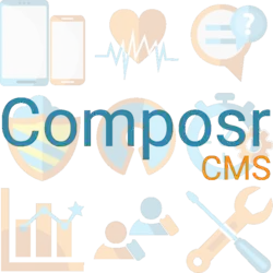 Composr CMS placed on top of a 3x3 grid of User Interface Icons, the primary colors being mute blue and mute orange\