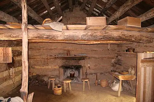 The interior of a recreated log cabin at Conner Prairie in Fishers, Indiana