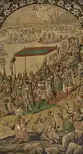 Conquest of Mexico. Reception of Moctezuma by Mexicans in canoes, enconchado painting Juan y Miguel González, Mexican School, 1698 (depósito del Prado).