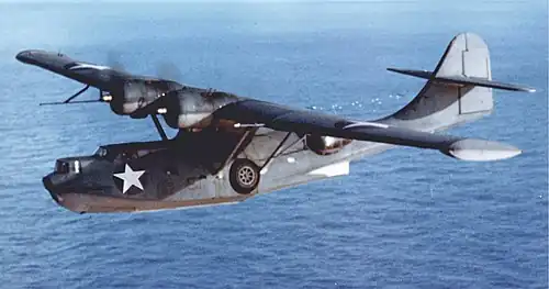 Amphibious Consolidated PBY-5A Catalina flying boat with landing gear on the side