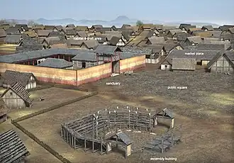 Reconstruction of the Corent oppidum, La Tène period.[8]
