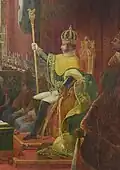 Emperor Pedro I with his crown, the Imperial Sceptre, sword, and other items of the Imperial Regalia at his coronation, 1 December 1822