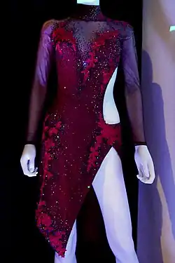 Virtue's red dress is displayed on a mannequin. The top and sleeves are sheer and the bodice and skirt are not. The dress is decorated with rose-shaped lace and rhinestones