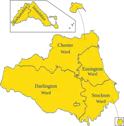The wards and exclaves of the palatinate. Bedlingtonshire was part of Chester-le-Street Ward, and Craikshire was part of Darlington Ward.