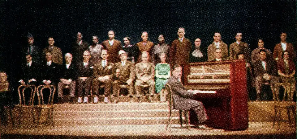 Entire cast of the Mercury Theatre presentation of The Cradle Will Rock, with all the scenic effects used