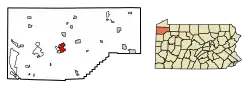 Location of Meadville in Crawford County, Pennsylvania
