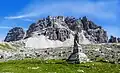 South aspect of Croda Passaporto. Monte Paterno behind to left. Foreground is Monument to Bersaglieri, The Angel of the Fallen