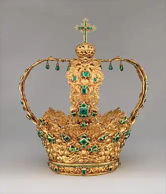 Crown of the Andes, ca. 1660-1770, made for a larger than life-size statue of the Virgin Mary in the Cathedral of Popayán, Colombia. Now is at the Metropolitan Museum of Art
