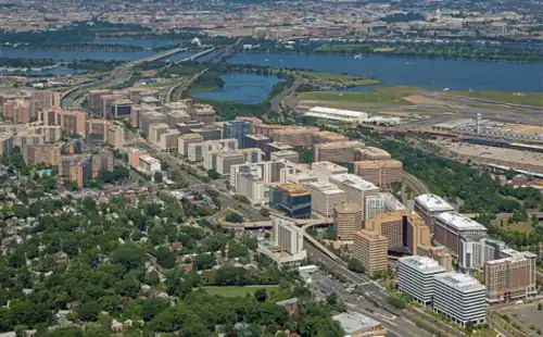 An aerial view of Crystal City, with the Potomac River and Washington, D.C. in the background, September 2020