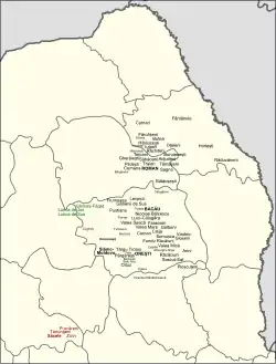 Map of the areas where Csángós are present, whether as a minority or a majority. Black: Csángós of Western Moldavia. Green: Csángós around the Ghimeș-Palanca Pass. Red: Csángós of the Seven Villages. The Csángós of Northern Dobruja are not shown in this map.
