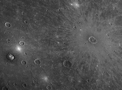 Cunningham is the crater to the right, surrounded by bright rays. Kertész is to the left.