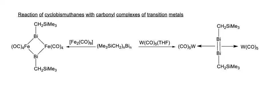 Cyclobismuthane reaction with metal carbonyl complexes[9][10]