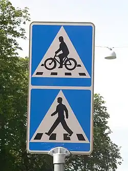 Swedish sign for cyclist crossing (top) and pedestrian crossing (bottom)