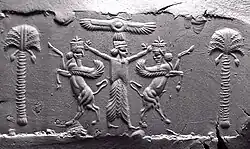 Modern impression from ancient cylinder seal showing lamassu figures