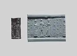 Ancient Babylonian cylinder seal showing devotee presented to Ishtar by goddess Lamma