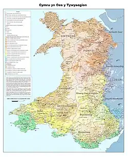 a map of Wales in the Middle Ages, showing the territorial divisions of the country