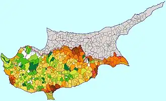 Population density map of Southern Cyprus, with residents per km² (2001 census), expressed by color gradient.